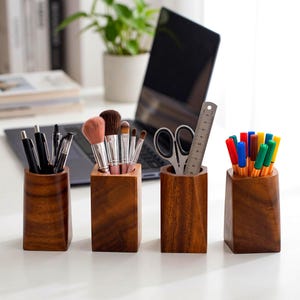 Wood Pen Holder for Desk, Pencil Cup and Office Organizer, Vintage Pen Pot in 5 Shapes, Stationery Desk Decor, Graduation Gift for Him