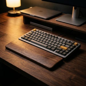 Op de afbeelding: Een mechanisch toetsenbord met donkergrijze toetsen en gele accenttoetsen, gecombineerd met een gladde, rechthoekige houten polssteun. Het toetsenbord heeft een standaardindeling met witte letters op de toetsen, geplaatst op een donkerhouten bureau.