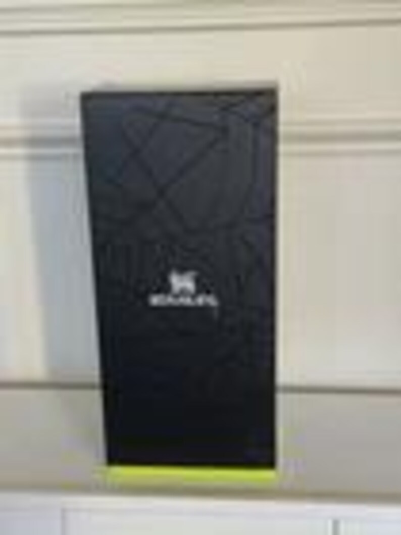 Puede incluir: Una caja negra alta y rectangular que presenta un sutil patr&oacute;n de l&iacute;neas geom&eacute;tricas oscuras en su superficie. El frente de la caja muestra un logotipo blanco con el texto "BEAMLEAF" centrado. Una franja de acento verde lima brillante es visible en la base.