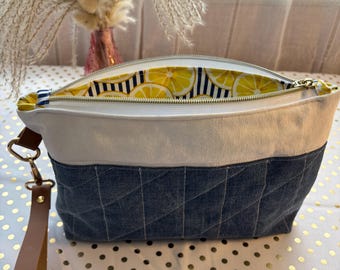 Quilted Denim Wristlet Pouch, Lemon Interior, Leather Strap, Sicily Vibes