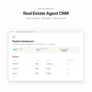 以下が含まれることがあります： 不動産エージェント向けCRMのNotionテンプレート。パイプラインダッシュボードには、フォローアップ、コールドリード、純手数料の指標が表示され、名前、タイプ、フォローアップ状況の日付を含む連絡先リストが記載されています。