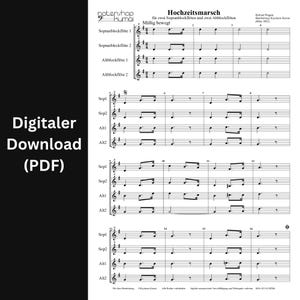 Könnte beinhalten: Ein digitaler PDF-Notendownload mit dem Titel Hochzeitsmarsch für zwei Sopranblockflöten und zwei Altblockflöten. Das Dokument zeigt schwarze Notenschrift auf weißem Hintergrund, einschließlich Notensystemen, Schlüsseln und Noten für vier Stimmen.