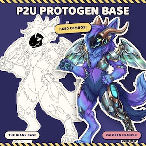 Könnte beinhalten: Eine digitale P2U Protogen Basis-Illustration mit einer schwarz-weißen Strichzeichnung und einem farbigen Beispiel eines pelzigen Wesens mit Robotergliedmaßen, Hörnern und Flügeln. Der Text lautet P2U PROTOGEN BASE, 7,680 COMBOS!, THE BLANK BASE und COLORED EXAMPLE.