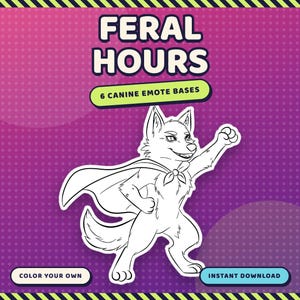 Puede incluir: Un gráfico digital con el texto FERAL HOURS y 6 CANINE EMOTE BASES. La ilustración central es un dibujo de líneas en blanco y negro de un personaje canino que lleva una capa con un brazo levantado. El fondo es un degradado morado.