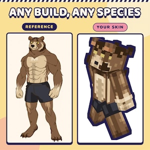 Puede incluir: Un gráfico digital con el texto ANY BUILD, ANY SPECIES, REFERENCE y YOUR SKIN. Muestra un personaje de oso pardo con complexión musculosa y pantalones cortos oscuros, junto a una skin de estilo Minecraft pixelada y en bloques.