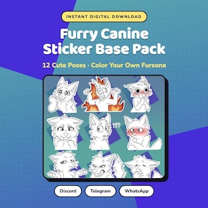 Può includere: Un pacchetto di download digitale contenente una base di adesivi per canini furry con 12 pose carine da colorare. La grafica include il testo Instant Digital Download, Furry Canine Sticker Base Pack, 12 Cute Poses, Color Your Own Fursona, Discord, Telegram e WhatsApp.