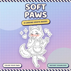 Może przedstawiać: Cyfrowa grafika z tekstem SOFT PAWS oraz 6 CANINE EMOTE BASES. Wyśrodkowana ilustracja liniowa przedstawiająca postać psa w stroju pokojówki z falbankami przy fartuchu i opasce, otoczona ikonami serc oraz błysków.