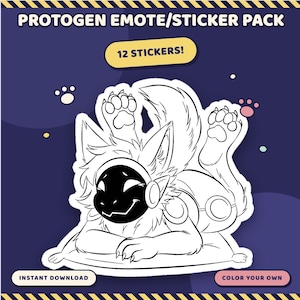 May include: A digital line art sticker pack featuring a Protogen character lying on a pillow with paws raised. The image includes the text PROTOGEN EMOTE/STICKER PACK, 12 STICKERS!, INSTANT DOWNLOAD, and COLOR YOUR OWN on a dark blue background.