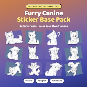 Puede incluir: Un paquete de base de pegatinas digitales con 12 ilustraciones de líneas de personajes caninos en varias poses. El texto dice Instant Digital Download, Furry Canine Sticker Base Pack, 12 Cute Poses, Color Your Own Fursona, Discord, Telegram, WhatsApp.