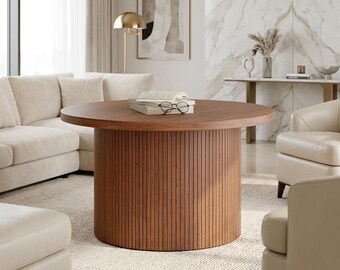 Round Tambour Coffee Table, Mid Century Modern Wood Center Table, Walnut Living Room Accent