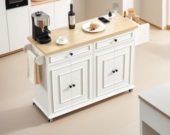 60" Mobile Kitchen Island Cart, Rolling Storage Trolley with Drop Leaf, Power Outlet & Rack
