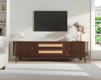 Solid Wood TV Stand with Rattan Accents, Media Console Storage Drawer Shelves