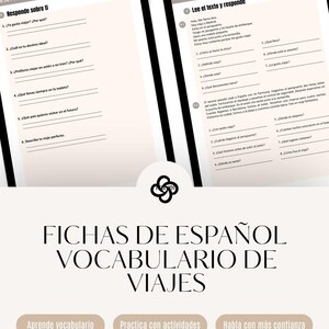 May include: Educational Spanish travel vocabulary worksheets displayed on tablets. The pages feature sections titled SERIE DE PR&Aacute;CTICA DE VOCABULARIO EN ESPA&Ntilde;OL, Responde sobre ti, and Lee el texto y responde with questions about travel.