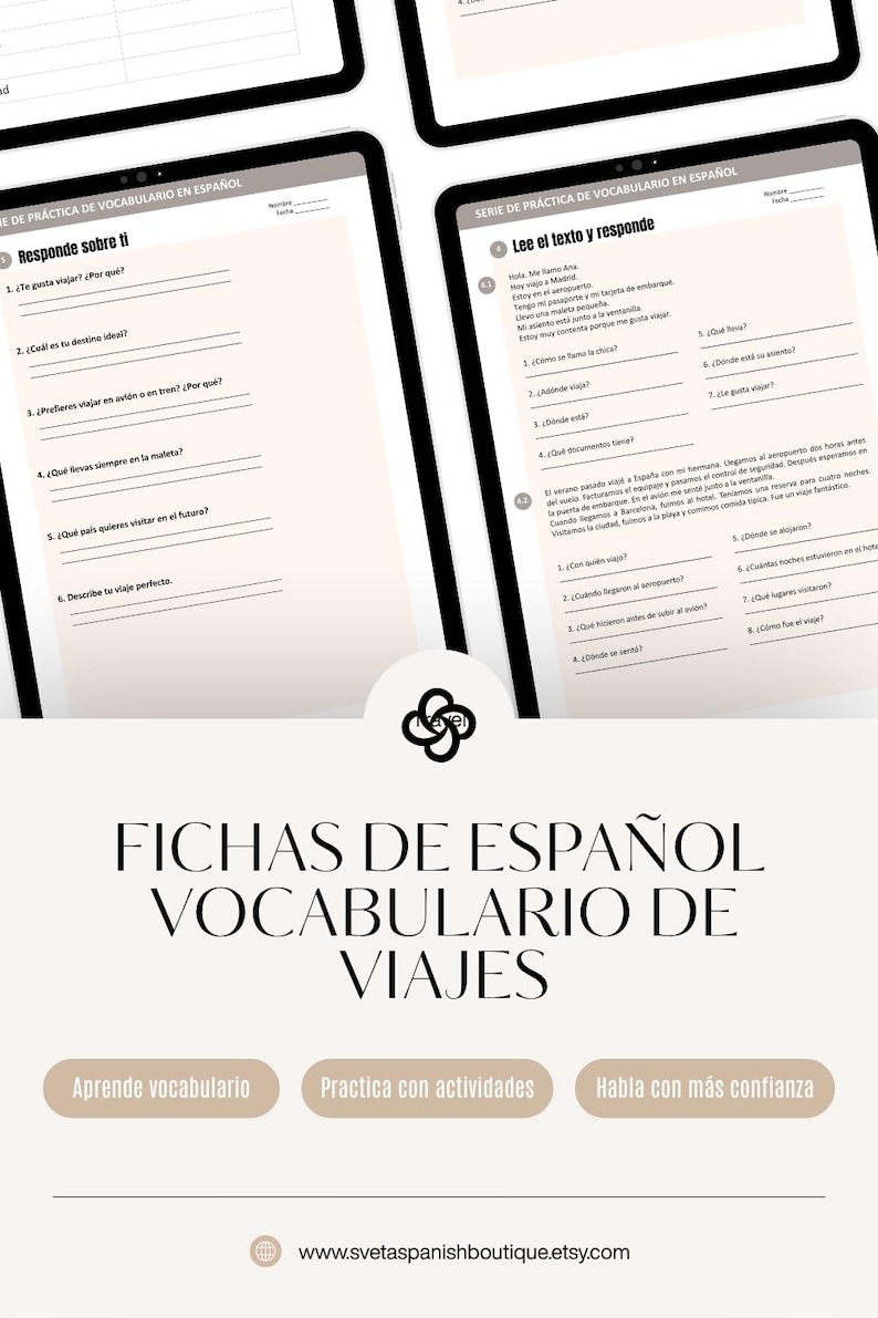 May include: Educational Spanish travel vocabulary worksheets displayed on tablets. The pages feature sections titled SERIE DE PR&Aacute;CTICA DE VOCABULARIO EN ESPA&Ntilde;OL, Responde sobre ti, and Lee el texto y responde with questions about travel.