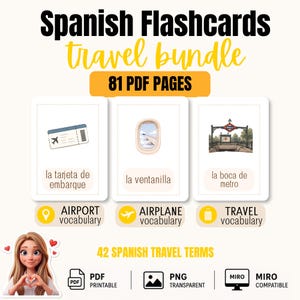 Puede incluir: Un paquete de tarjetas de vocabulario de viaje en español con 81 páginas PDF y 42 términos de viaje. Las tarjetas muestran ilustraciones de una tarjeta de embarque, ventanilla de avión y entrada de metro con etiquetas en español. Incluye iconos PDF, PNG y Miro.