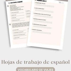 May include: Two white Spanish vocabulary practice worksheets titled Serie de pr&aacute;ctica de vocabulario en espa&ntilde;ol. The pages feature reading comprehension exercises with questions about travel, including sections labeled Lee el texto y responde and Responde sobre ti.