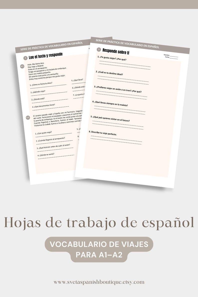 May include: Two white Spanish vocabulary practice worksheets titled Serie de pr&aacute;ctica de vocabulario en espa&ntilde;ol. The pages feature reading comprehension exercises with questions about travel, including sections labeled Lee el texto y responde and Responde sobre ti.