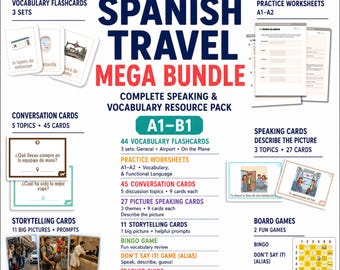 Spanish Travel Mega Bundle, Printable Vocabulary & Speaking Activities Lesson, Worksheets and Games for A1-B1