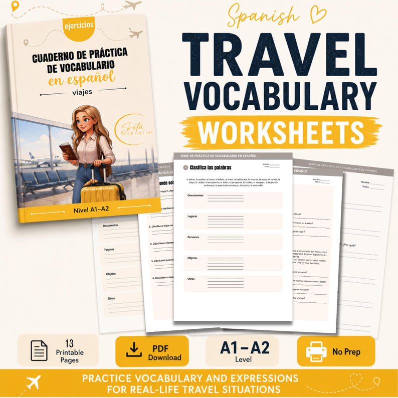 May include: A Spanish travel vocabulary workbook featuring a cover with an illustration of a person with a suitcase at an airport, alongside several interior worksheet pages with blank lines for writing, labeled as level A1-A2 with 13 printable pages.
