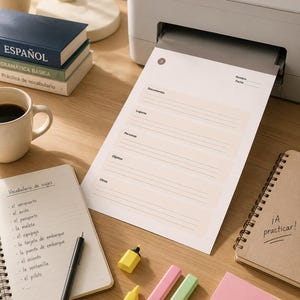 May include: A white printed worksheet emerging from a printer, featuring sections labeled Documentos, Lugares, Personas, Objetos, and Otros. Beside it are a spiral notebook with Spanish travel vocabulary, a black pen, highlighters, and sticky notes.