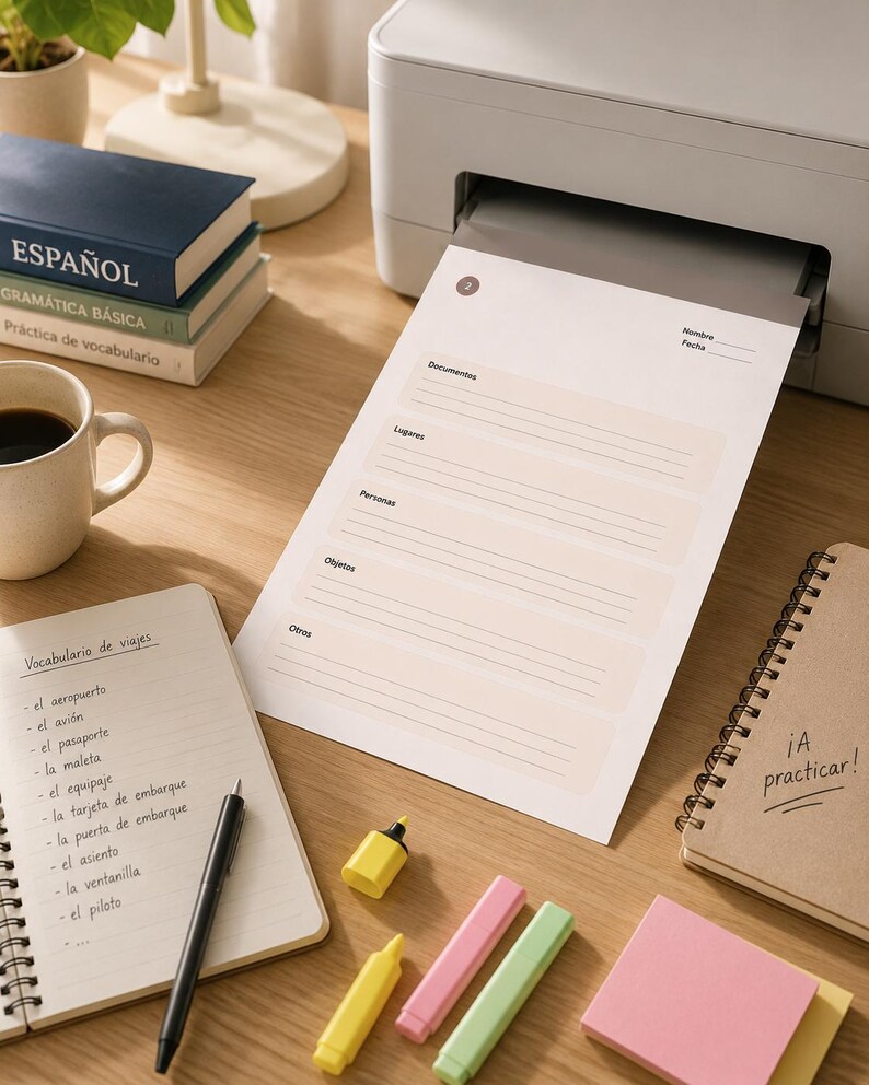 May include: A white printed worksheet emerging from a printer, featuring sections labeled Documentos, Lugares, Personas, Objetos, and Otros. Beside it are a spiral notebook with Spanish travel vocabulary, a black pen, highlighters, and sticky notes.