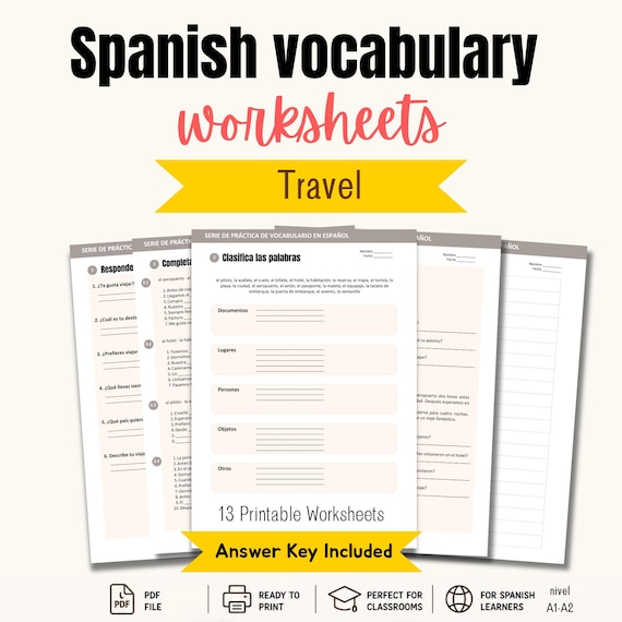 Spanish Travel Worksheets, Printable Vocabulary, Classroom Resource, Language Activities for A1-A2