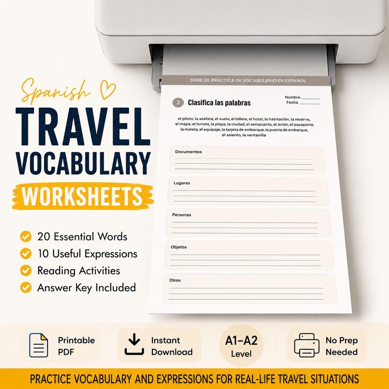 May include: A white printer outputting a Spanish travel vocabulary worksheet with the text 'Clasifica las palabras' and categories like 'Documentos' and 'Lugares'. The page includes a list of travel-related terms and blank lines for writing.