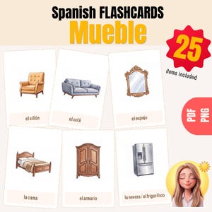 Op de afbeelding: Een set van 25 Spaanse flashcards getiteld Spanish FLASHCARDS Mueble, met illustraties van meubels waaronder een gele fauteuil, grijze bank, sierlijke spiegel, houten bed, houten kledingkast en een zilveren koelkast met Spaanse labels.