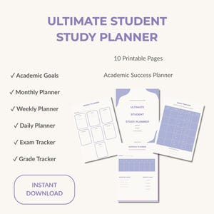 Puede incluir: Un conjunto de planificador de estudios para estudiantes con 10 páginas imprimibles y detalles en violeta. El texto incluye Ultimate Student Study Planner, Academic Success Planner, Weekly Planner, Exam Tracker, Monthly Planner e Instant Download.