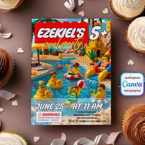 May include: A rectangular party invitation template featuring a Lego-themed pool scene with minifigures, text reading EZEKIEL'S 5+ pool party, JUNE 25 AT 11 AM, and address details. A warning label reads WARNING LAUGHTER AND CAKE OVERLOAD AHEAD.