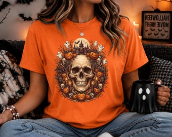 Camiseta de Halloween con estampado de calavera en formato PNG