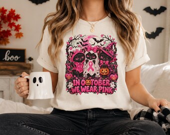 En octubre vestimos de rosa, fantasmas de gatos, camiseta de Halloween contra el cáncer de mama PNG
