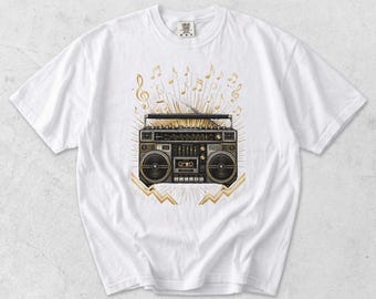 Retro Boombox Musical Notes Graphic Tee T-Shirt PNG