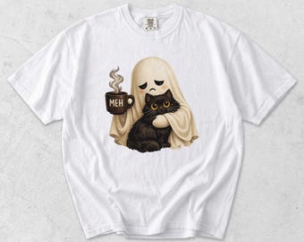 Ghost Cat Spooky Black Cat Funny Halloween Coffee Lover T-Shirt PNG