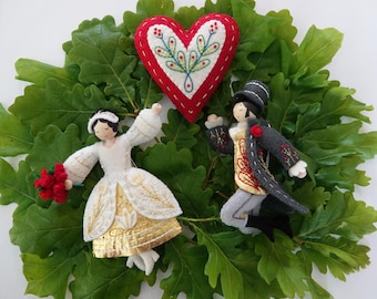 Unique handmade Bride and Groom wool felt keepsakes, embroidered and embellished Christmas decorations