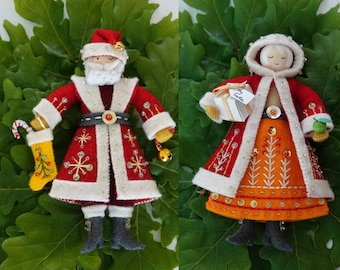 Santa and Mrs Claus wool felt handmade heirloom quality Christmas ornaments
