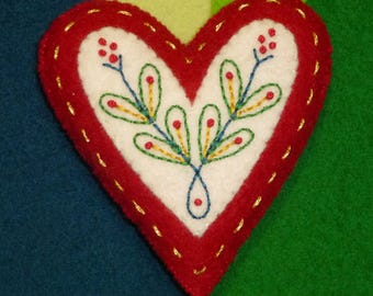 Wool felt Christmas heart ornament, hand embroidered