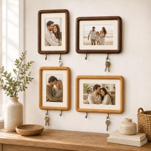 May include: Four rectangular wall-mounted picture frames with rounded corners, featuring two dark wood and two light wood finishes. Each frame includes a white mat and two metal hooks at the bottom for hanging keys, displaying family photographs.
