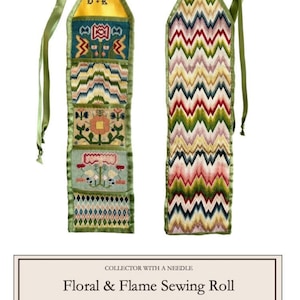 May include: A green and yellow floral and flame sewing roll with a green ribbon. The roll is 3.25 inches wide and 14 inches long. It is made on 46 count fabric.