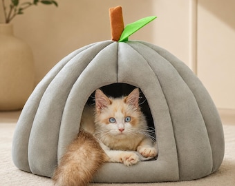 Cama em formato de abóbora para gatos, caverna fechada para animais de estimação em ambientes internos, ideal para gatos e cães de pequeno porte.