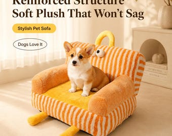 Sofá cama para mascotas, cama de felpa suave para gatos y perros de interior en color naranja.
