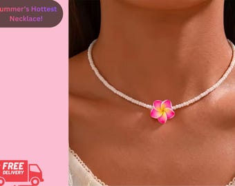 Bohemian Polymer Flower Choker Necklace, Hawaiian Beach Summer Jewelry
