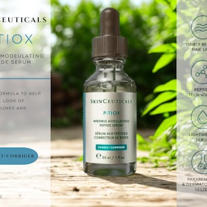 May include: A clear glass bottle of SkinCeuticals P-TIOX wrinkle modulating peptide serum with a brown dropper cap. The label displays the product name, 30 ml / 1 fl oz volume, and the text: Advanced formula to help correct the look of expression lines.