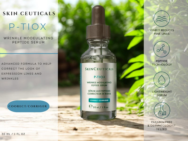 May include: A clear glass bottle of SkinCeuticals P-TIOX wrinkle modulating peptide serum with a brown dropper cap. The label displays the product name, 30 ml / 1 fl oz volume, and the text: Advanced formula to help correct the look of expression lines.