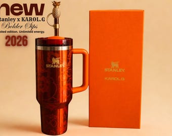 Stanley x Karol G 40oz Tumbler | Quartz Orange Floral Engraved Cup, Gold Pineapple Straw