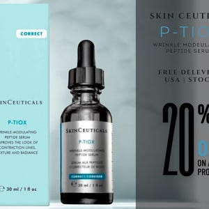May include: A SkinCeuticals P-TIOX wrinkle-modulating peptide serum in a dark glass dropper bottle next to its light blue rectangular box. The packaging displays the product name, volume of 30 ml / 1 fl oz, and text describing its skin benefits.