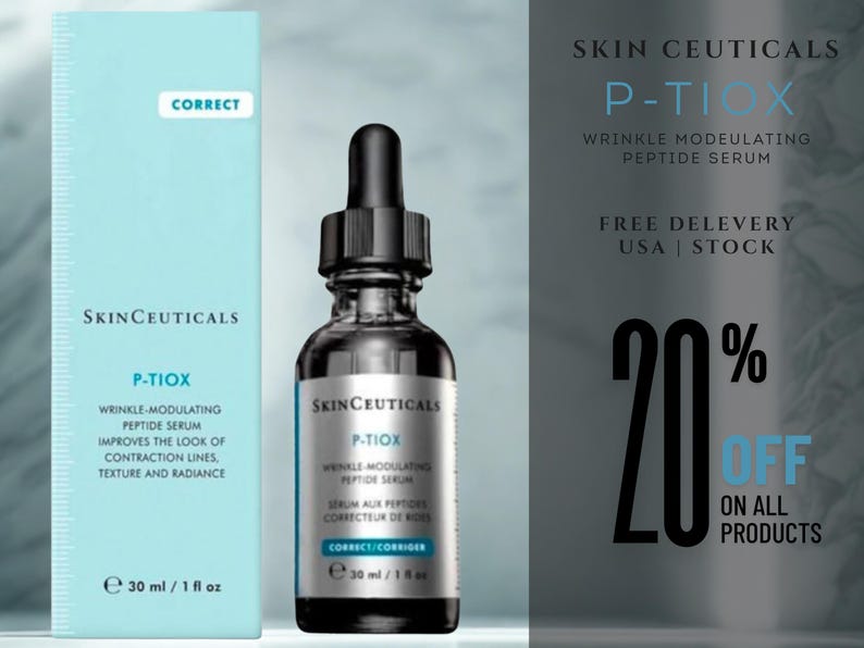 May include: A SkinCeuticals P-TIOX wrinkle-modulating peptide serum in a dark glass dropper bottle next to its light blue rectangular box. The packaging displays the product name, volume of 30 ml / 1 fl oz, and text describing its skin benefits.