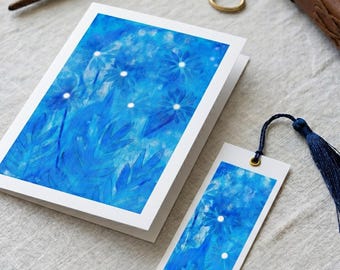 Cobalt Blue Map and Bookmark / Digital Duo – Abstract Botanical Art on Gelly Plate – Instant Download – High Resolution