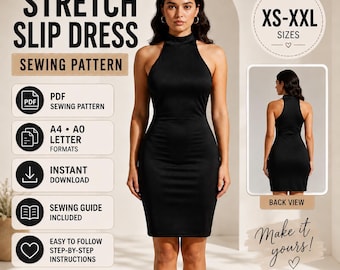 Stretch Slip Dress Sewing Pattern, Fitted Bodycon, High Neckline (PDF Download)