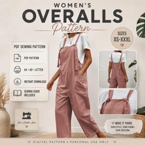 May include: A PDF sewing pattern for overalls featuring a dusty rose garment with tie-shoulder straps and side pockets. The image includes text: WOMEN'S OVERALLS Pattern, SIZES XS-XXXL, PDF SEWING PATTERN, A4 A0 LETTER, INSTANT DOWNLOAD, SEWING GUIDE INCLUDED.